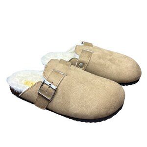 Seqwl Mule Clogs Women Size 4 Taupe Suede Leather Faux Fur Lined Comfort Slip On